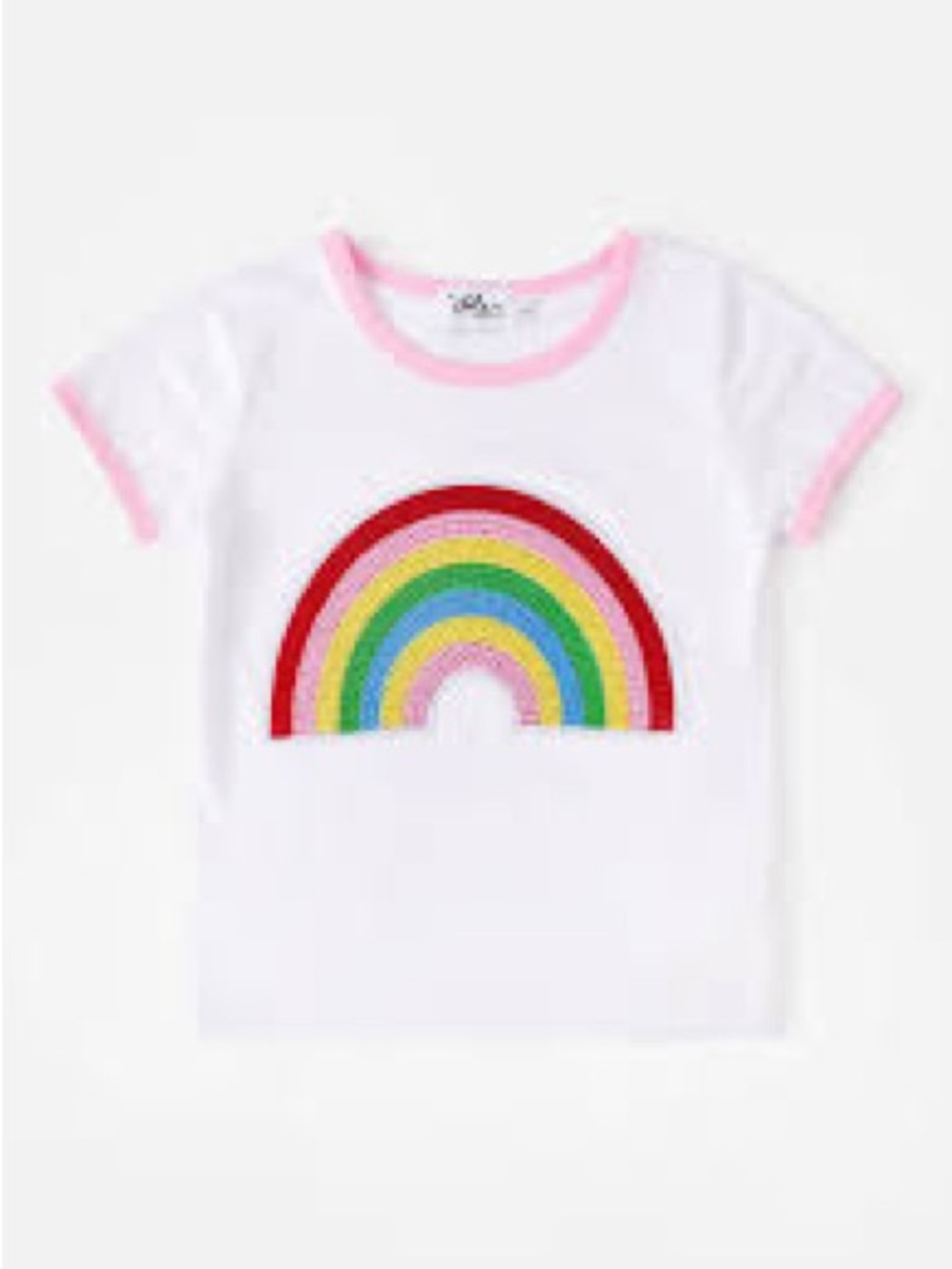 Lola + The Boys White Tee with Rainbow Graphic and Pink Trim